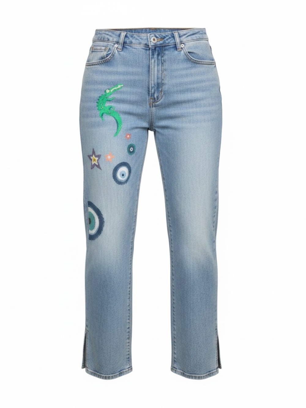 Light Wash Women's Jeans with Green Crocodile & Star Hand Painting